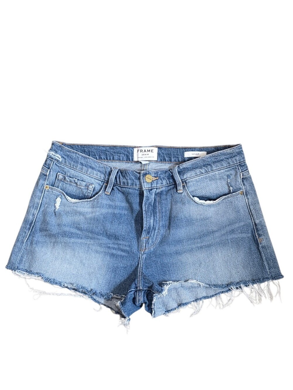 Frame Denim Le-Cutoff Medium Blue Distressed Cutoff Jean Shorts Size 29